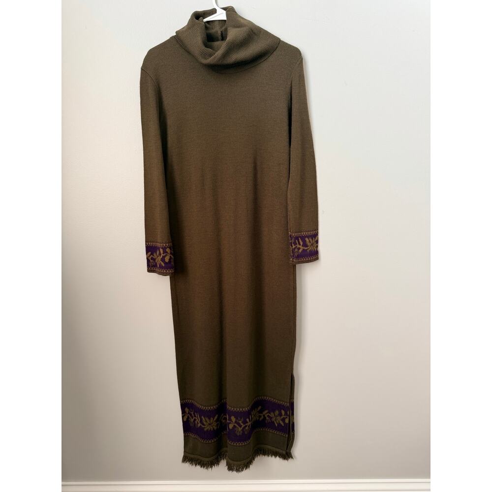 Vintage Plaza South Knits Olive Green Acrylic Sweater Midi Dress Petite M